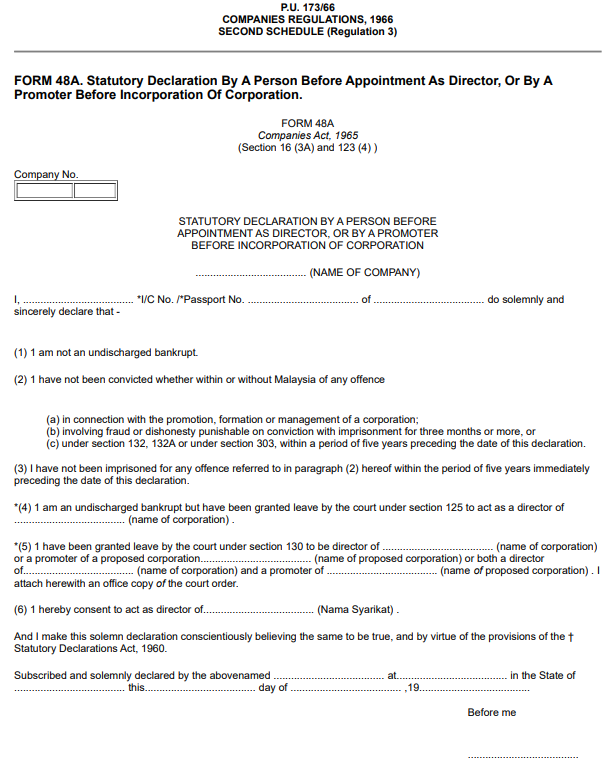 form 48a ssm statutory declaration 